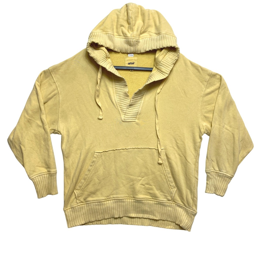 Aerie Hoodie Womens XS Yellow V-Neck Ribbed Trim Pullover Oversized Sweatshirt
